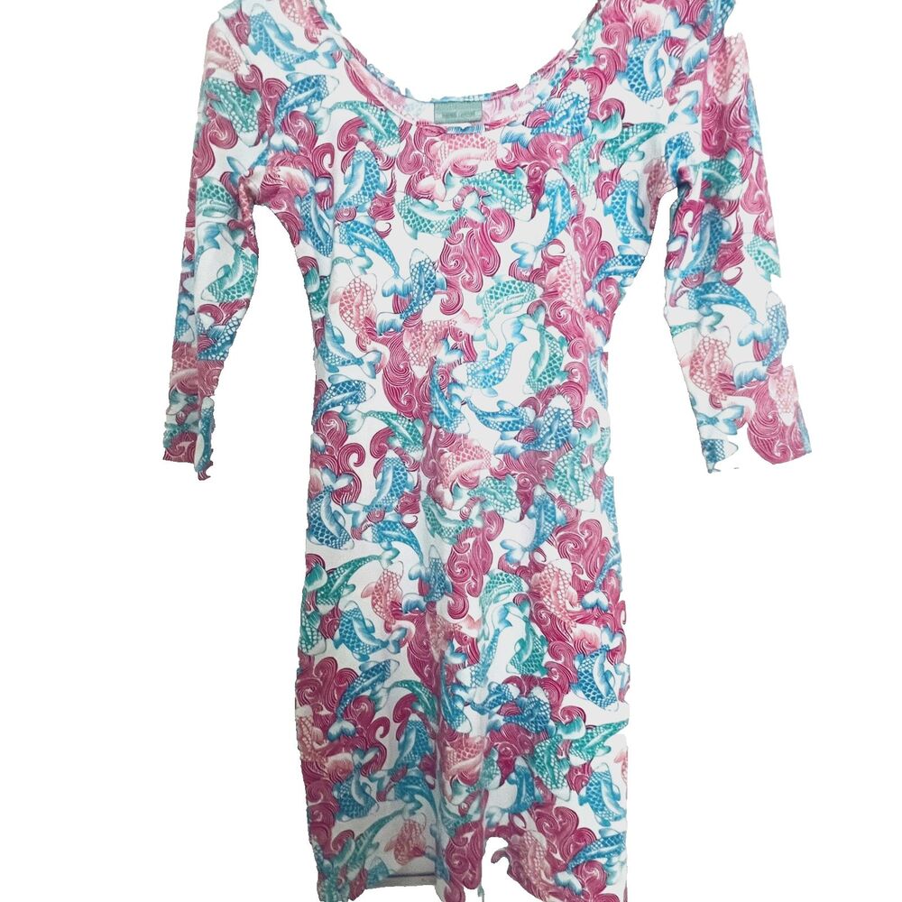 Manuel Canovas dress 8 10 Koi Fish Aqua Blue Pink Stretch